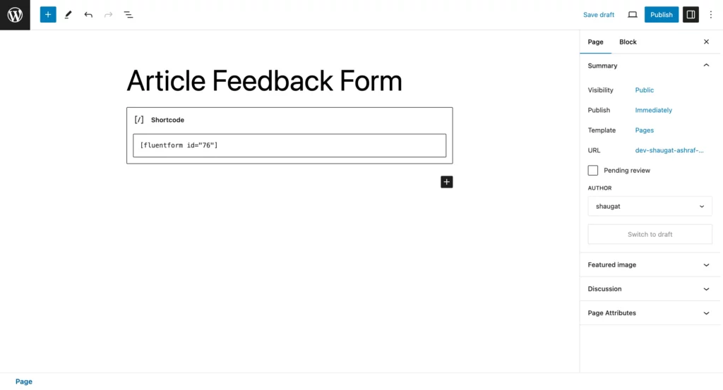 Publishing the form using shortcode